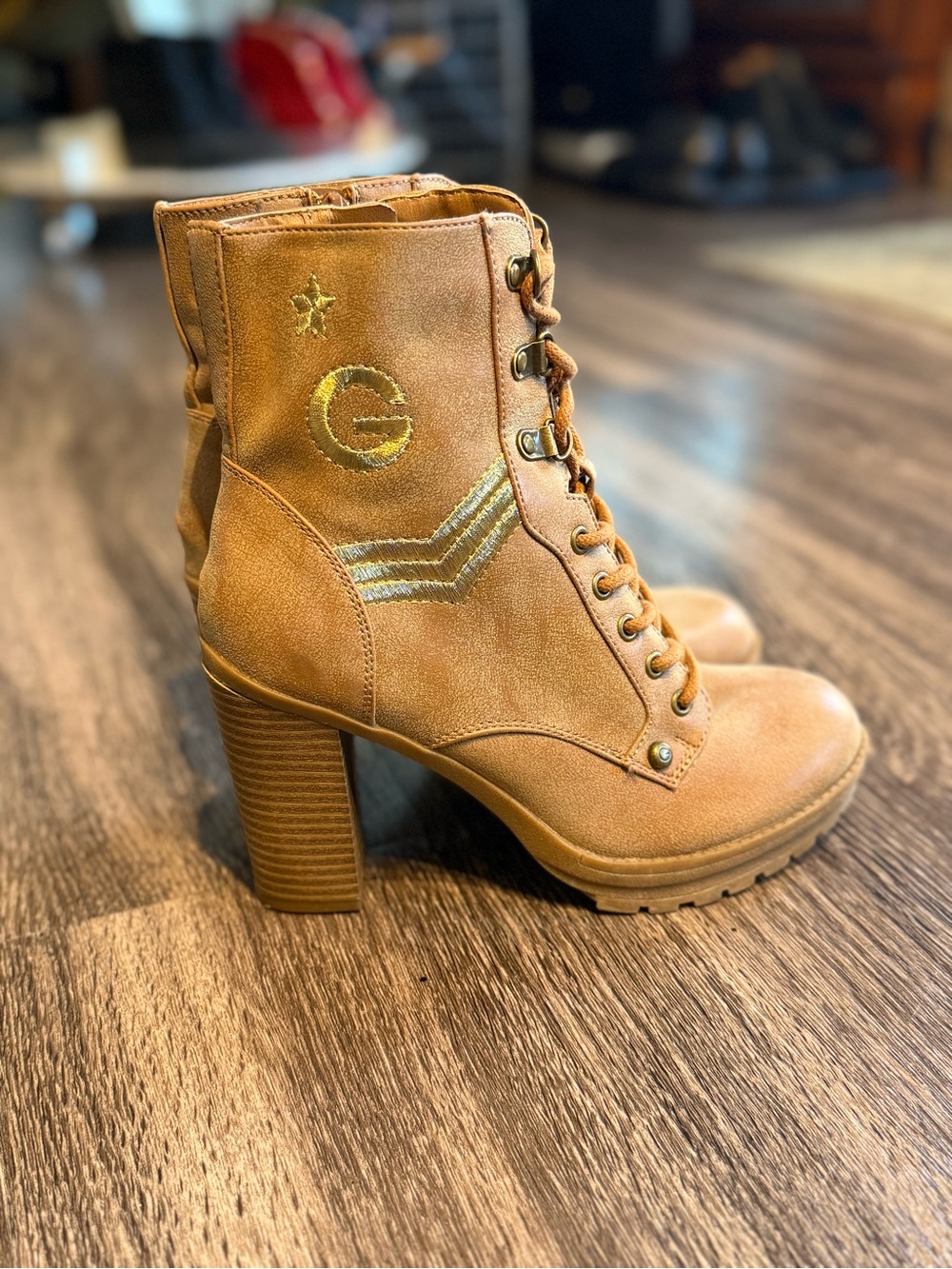 Tan Lace-Up Block Heel Ankle Boots with Chevron Detail